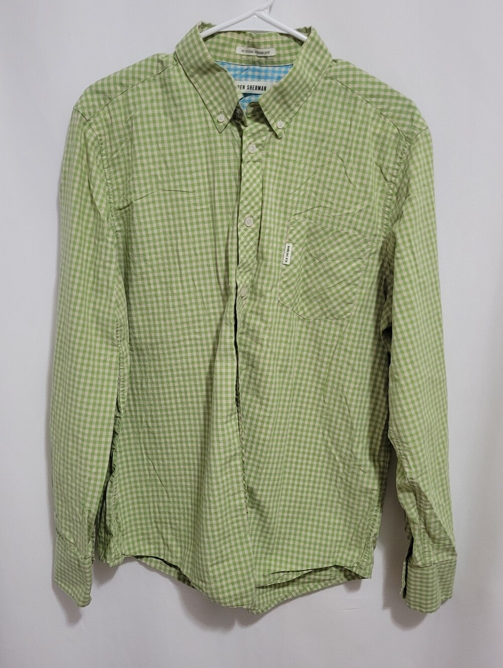 Ben Sherman Light Green Gingham Button-Down Long Sleeve Shirt, Size XL